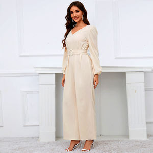 Mono de otoño para mujer, mono de manga larga con cuello en V y cinturón, Pantalones rectos ajustados de Color sólido, traje informal de una pieza - Product Image 2