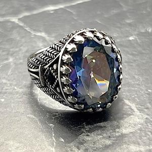 Anillo Otomano de Plata de Ley 925 para Hombre, Hecho a Mano, con Piedra Ovalada de Tanzanita Multicolor, Forma Marquesa, Joyería Turca, Regalo para Él - Product Image 1