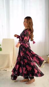 Summer Comfort Gorgeous Pattern <b>Hot</b> Black Floral Printed Georgette Long Maxi Dress With Dupatta at Wholesale Rate - Product Image 2