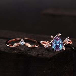 925 plata esterlina alejandrita compromiso 18K placa de oro Art Deco hoja anillo de boda conjunto para mujer regalo - Product Image 2