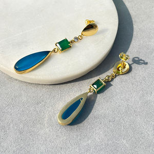 Best selling 18k gold plated brass wholesale jewelry green <b>onyx</b> baguette blue chalcedony pear <b>earring</b> for gift jewelry - Product Image 6