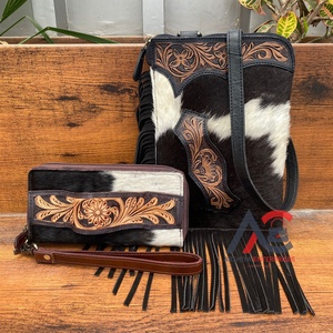 Alta calidad estilo Vintage cuero de vaca genuino mujer nueva llegada diseñador flecos bolso y embrague moda lujo Combo Set - Product Image 1