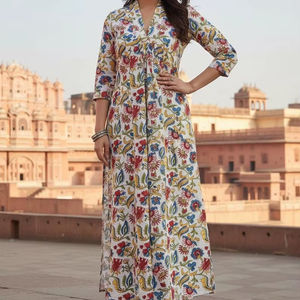 Robe longue en coton indien imprimée à la main, manches longues, style bohème, vêtements pour femmes, qualité supérieure - Product Image 1