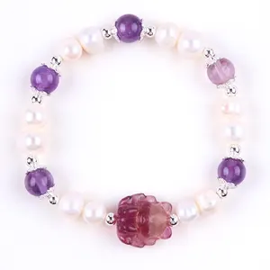 En gros Personnalisé Véritable Perle D'eau Douce Blanche Et Cristal Naturel D'améthyste Avec Violet Neuf Queue Renard Sculpture Bracelet Perlé