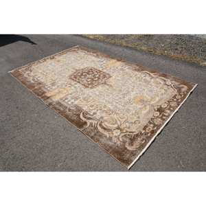 Alfombra turca vintage de área grande de 5,9x9,7 pies, material de lana beige marrón clásico, retales de látex para pasillo, alfombra rectangular para cabecera - Product Image 2