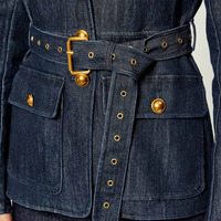 2025/2026 Blazer Denim Wanita Elegan Model Tailored Fit dengan Detail Kancing Emas, Bahan Katun Rajut Ramah Lingkungan, Bernapas, Chic untuk Musim Dingin