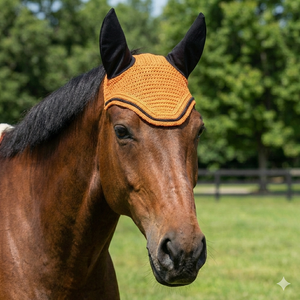 Voile anti-mouches orange en crochet pour cheval, avec couvre-oreilles noirs et bordure contrastante, fait main, rembourré doux et confortable, bonnet équestre pour l'équitation - Product Image 2