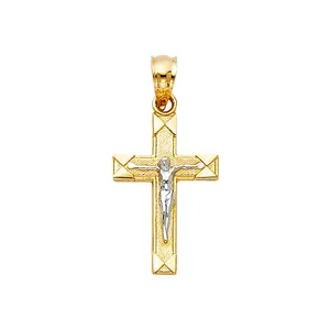 10K Yellow Gold and Rhodium Small Jesus Crucifix Cross Pendant Divine Fashion Jewelry Charms