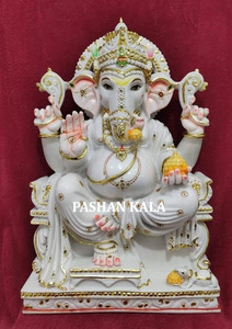 Escultura de Mármol Blanco Puro Hecha a Mano con el Diseño Más Atractivo del Dios Hindú Lord Ganesh Ji en Posición Sentada para Ídolos de Culto en Templos - Product Image 5