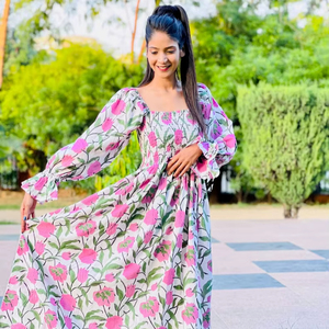 Femmes filles pur coton Maxi robe indien bloc imprimé décontracté été soirée à la mode nouvelle vente en gros longue robe mi-longue - Product Image 1