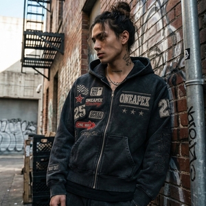 Sudadera con capucha negra para hombre, estilo racing, con cremallera, oversize, streetwear, gráfica, forro polar, bordado, chaqueta casual personalizada - Product Image 5