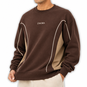 Men's <b>Brown</b> Colorblock Sweatshirt Crew Neck Contrast Piping Beige Panel Relaxed Fit <b>Fleece</b> Pullover Custom Logo Factory Direct - Product Image 3