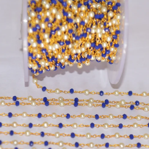 3mm Blue Glass Beads & <b>White</b> Pearl Rosary Chain Gold Plated Brass Wire Wrapped Beaded Chain by the Foot for DIY Jewelry Making - Product Image 4