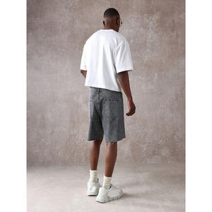 Shorts en jean personnalisés avec strass noirs pour hommes, ourlet brut, streetwear d'été, hip-hop, jeans à clous en cristal, jorts unisexe, élastique - Product Image 4