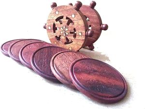 Posavasos de té de madera con forma de rueda diseñada (marrón) de 4 pulgadas para cocina y mesa de comedor - Product Image 6