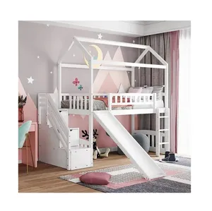 GOODFRIENDSHIP Twin soppalco casa letto con 2 cassetti scala, scivolo e scala, casa letto per la famiglia