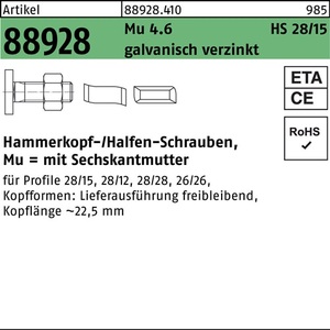 Hammerhead <b>Screw</b> R 88928 28/15 6-Point Nut M6x15 Mu4.6 100 Pcs-HALFEN - Product Image 1