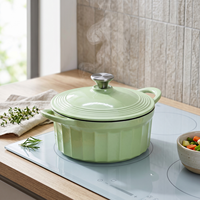 Cocotte en fonte émaillée vert clair à rayures verticales avec couvercle et doubles poignées, idéale pour braiser les soupes