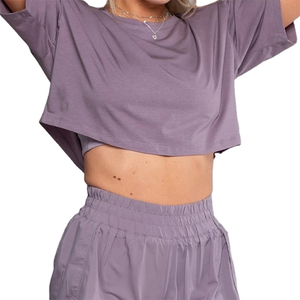 INDEX APPAREL Women's Gray Crop <b>Top</b> T-Shirt O-Neck Short Sleeve Loose Fit Solid Color Casual Spring Summer Wear - Product Image 4