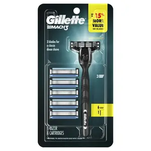 Gillette Mach3メンズかみそりバリューパック、ブルー、1ハンドル、6かみそり刃リフィル