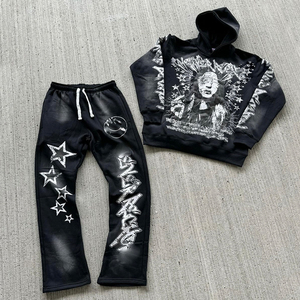 Ensembles Hip Hop Personnalisés Ensemble 2 Pièces pour Hommes Sweats à Capuche Pantalon de Survêtement à Capuche avec Impression DTG Survêtement Délavé au Soleil pour Hommes - Product Image 4