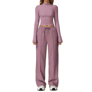 Ensemble de vêtements de sport pour femmes, automne-hiver, haut à col montant à manches longues, pantalon de survêtement à jambes larges, vêtements de fitness, vêtements de course, logo personnalisé - Product Image 1