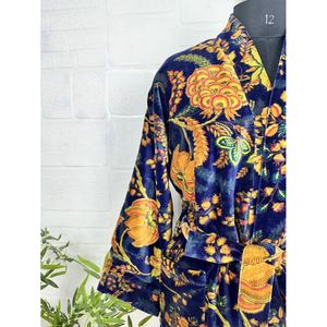Peignoir Kimono Unisexe en Velours de Luxe, Veste Réversible en Soie Double Face, ODM, Cadeau Élégant, Ikat Vert Malibu Bleuâtre pour l'Automne, à nouer - Product Image 4