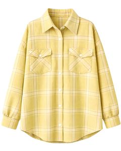 Camisa Oversize de Franela a Cuadros para Mujer, Amarilla, Manga Larga, Casual, con Bolsillos, Suave, para Otoño e Invierno, Venta al por Mayor - Product Image 1