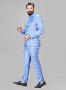 Traje de poliéster Jodhpuri de 2 piezas con cuello de prohibición de cuadros básico para hombre, ropa Formal de ajuste Regular larga, características transpirables antiarrugas-Scoot - Product Image 2