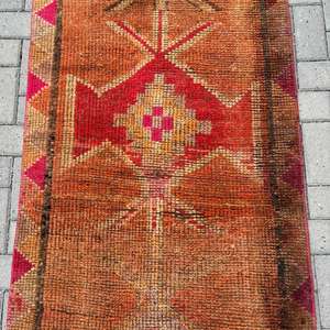 Alfombra Turca Vintage Herki de 2.9x8.9 pies (87x271 cm), Alfombra de Lana con Puntos Naranjas - Product Image 5