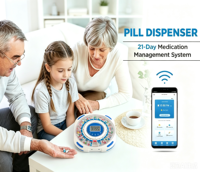 Distributeur de pilules intelligent avec application WiFi, matériau ABS, modèle P96, 21 compartiments, 9 anneaux de dosage, alarme, écran LCD, alertes sonores et lumineuses