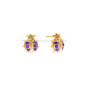 14K Solid Yellow Gold Unique Bug Blue Sapphire Stud Earrings Fine Jewelry Jaipur Minimalist Gold Jewelry Supplier