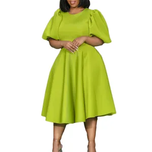 New Trendy O-neck Puff Sleeve High Waist Large Hem A-line Prom Dresses Women Casual Birthday Dress