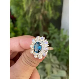 925 Silver London Blue Topaz <b>Moonstone</b> <b>Ring</b> Geometric Marquise Design Rhodium Plating for Everyday Wear IGI Certified Gemstone - Product Image 2