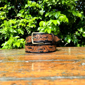 Ceinture en cuir véritable sculptée à la main de style western classique vintage avec boucle en laiton massif durable finition OEB - Product Image 2