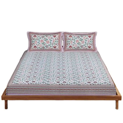 सर्वश्रेष्ठ गुणवत्ता वाली कपास 100% थोक भारतीय कपास बिस्तर शीट के साथ तकिया के साथ बेडरूम की लक्जरी बिस्तर को कवर करता है