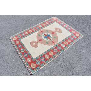 Vintage Turkish 4x5ft Wool <b>Latex</b> Backed Area Rug Classic Beige <b>Red</b> Patchwork Abstract Patterns for Hallway Room 10mm Area Rug - Product Image 3