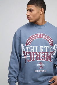 เสื้อสเวตเชิ้ตคอกลมโอเวอร์ไซส์สำหรับผู้ชาย สีน้ำเงิน พิมพ์ลาย College League Athletics สไตล์สตรีทแวร์ ทรงปกติ ผ้าฝ้าย 100% เฟรนช์เทอร์รี่ - Product Image 2