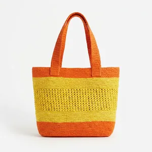 Bolso tote de rafia hecho a mano con rayas de ganchillo, bolso de playa informal para mujer, naranja y amarillo, dos asas, ligero, parte superior abierta - Product Image 2