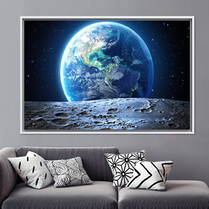 Impression sur toile Terre et Lune : Art mural en verre trempé avec ciel étoilé, toile encadrée blanche - Product Image 1