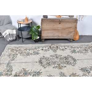 Tapis en laine turque vintage 4.9x8,9 pieds Patchwork beige et bleu tissage plat pour décorations de salon avec support en latex - Product Image 2