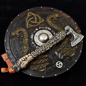 ESCUDO VIKINGO MEDIEVAL DE MADERA CUCHILLOS VIKINOS ARTESANALES ESCUDO A LO LARGO DEL HACHA RAGNAR REGALO DE NAVIDAD - Product Image 2
