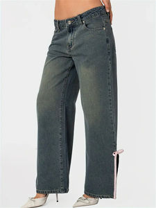 Pantalones vaqueros cómodos de pierna ancha de cintura alta con cordones, ropa de calle de Color sólido, pantalones vaqueros tejidos de algodón 100% para mujer - Product Image 4