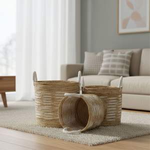 Juego de 3 Cestas Blancas con Motivo de Árbol de Plátano, Hechas a Mano con Fibra de Corteza - Product Image 5