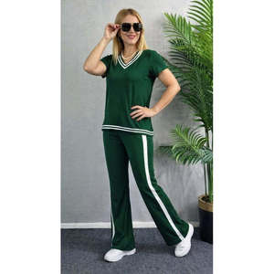 Ensemble deux pièces pour femme, chemisier à manches courtes et col en V en viscose à deux fils et pantalon, 36668 - Vert - Product Image 3