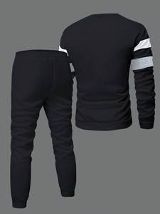Mens <b>Black</b> White and Grey Striped Crewneck Sweatshirt and Matching <b>Joggers</b> Tracksuit OEM ODM Wholesale Apparel - Product Image 4