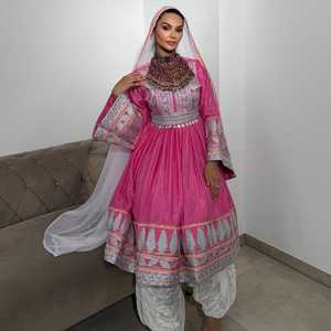 Custom Manufacturers Modern Vintage Afghan Kuchi Women's A-Line Midi Dress <b>Pink</b> Embroidery Design Modest Formal Wedding Dress - Product Image 6