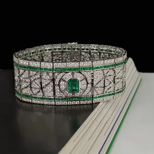 Exclusive Art Deco Emerald-Cut Lab-Created Emerald Double <b>Row</b> Bracelet Sterling Silver Real Gemstone Jewelry - Product Image 3
