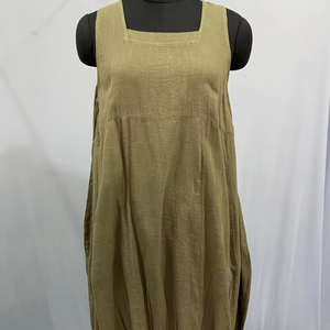 ชุดเดรสยาวผ้าฝ้ายพิมพ์ลายสำหรับผู้หญิงเดรสลำลองอัดพลีทสีทึบมีกระเป๋า - Product Image 1