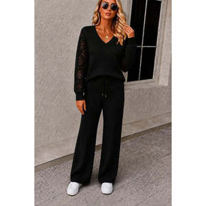 Conjunto de Dos Piezas de Blusa de Punto con Cuello en V y Manga Larga para Mujer, 38062 - Negro - Product Image 2